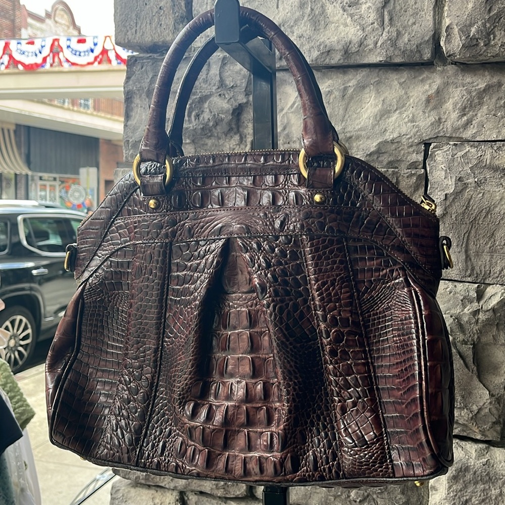Vintage Brahmin Croc-Embossed Satchel in Deep Mahogany Brown, Unworn New - Picture 3 of 4